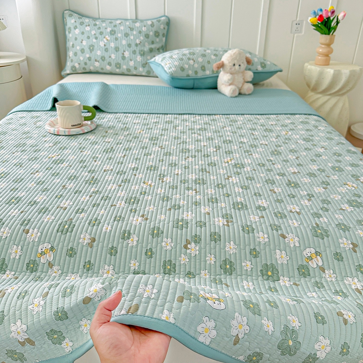 91家纺网 家纺一手货源 找家纺 橘夏家纺 2025新款多功能全棉双面床盖三件套纯棉夹棉加厚床单床垫盖毯 栀香小兔