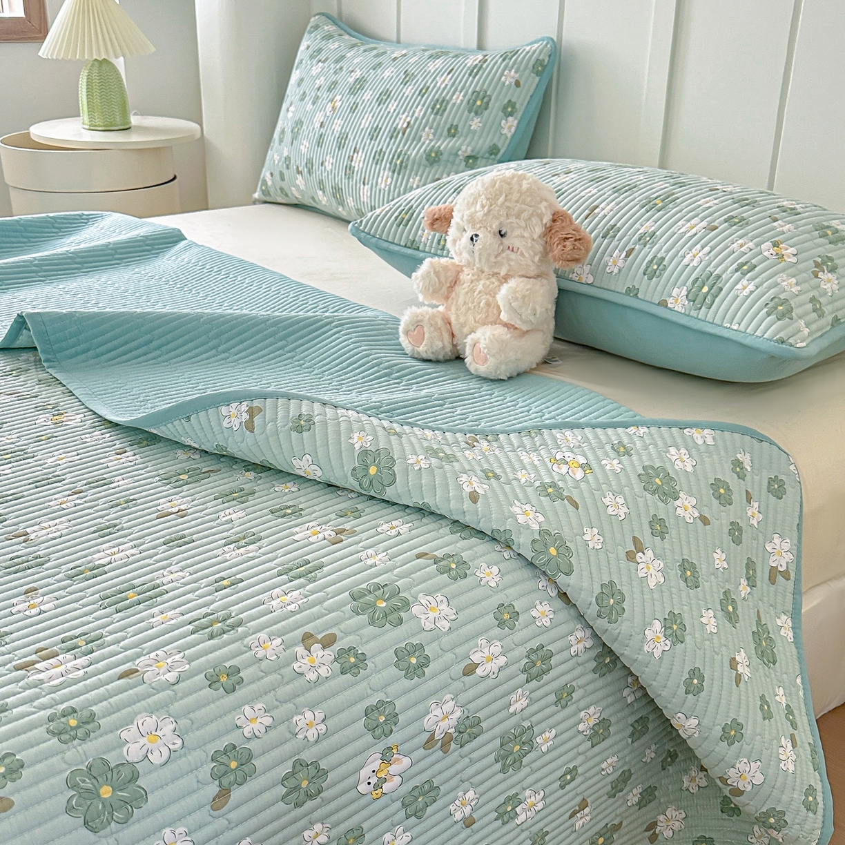 91家纺网 家纺一手货源 找家纺 橘夏家纺 2025新款多功能全棉双面床盖三件套纯棉夹棉加厚床单床垫盖毯 栀香小兔