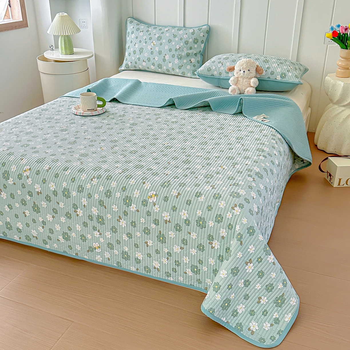 91家纺网 家纺一手货源 找家纺 橘夏家纺 2025新款多功能全棉双面床盖三件套纯棉夹棉加厚床单床垫盖毯 栀香小兔