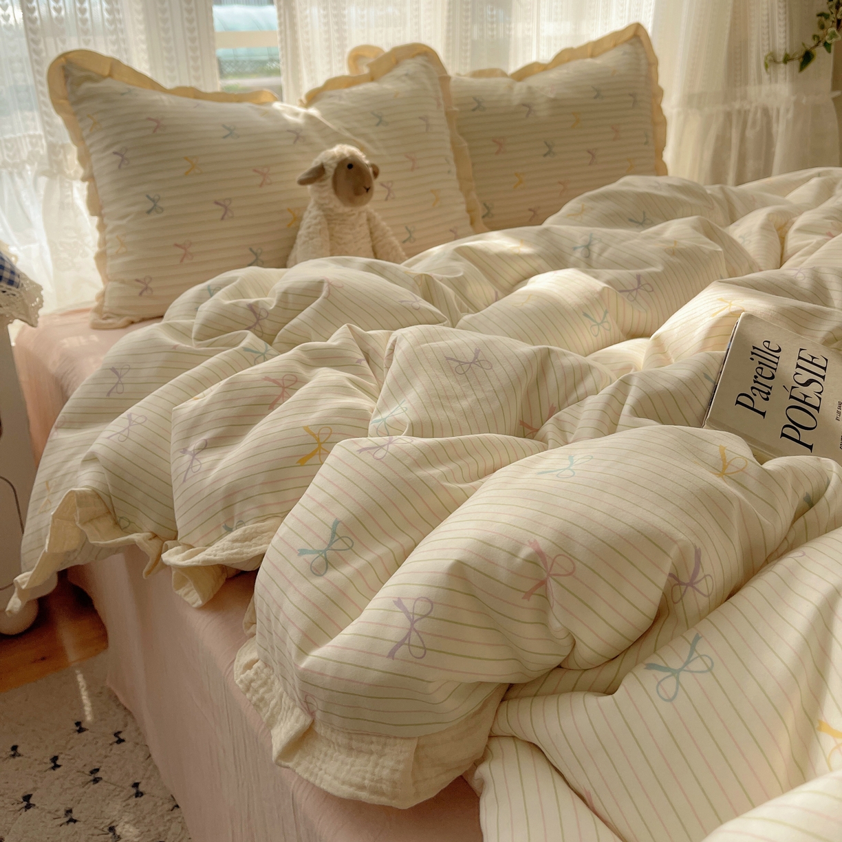 91家纺网 家纺一手货源 找家纺 （总）盼季家纺 2025新款亲肤棉皱皱纱花边四件套