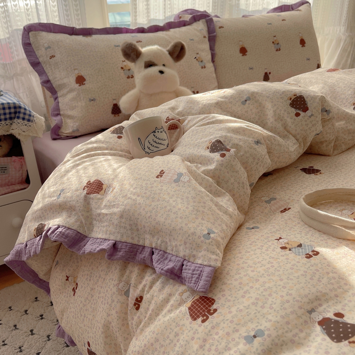 91家纺网 家纺一手货源 找家纺 盼季家纺 2025新款亲肤棉皱皱纱花边四件套 皱皱纱花边-碎花小兔