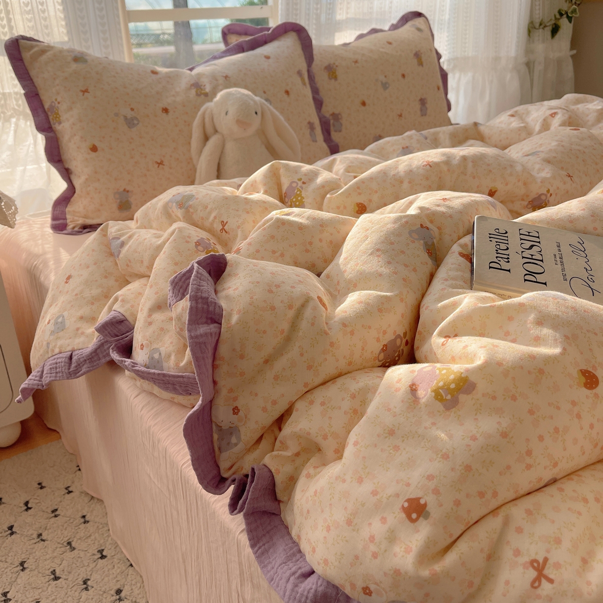 91家纺网 家纺一手货源 找家纺 （总）盼季家纺 2025新款亲肤棉皱皱纱花边四件套