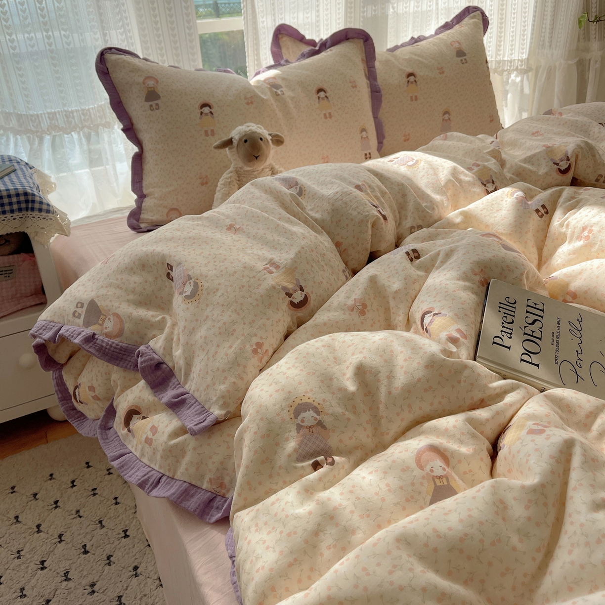 91家纺网 家纺一手货源 找家纺 （总）盼季家纺 2025新款亲肤棉皱皱纱花边四件套