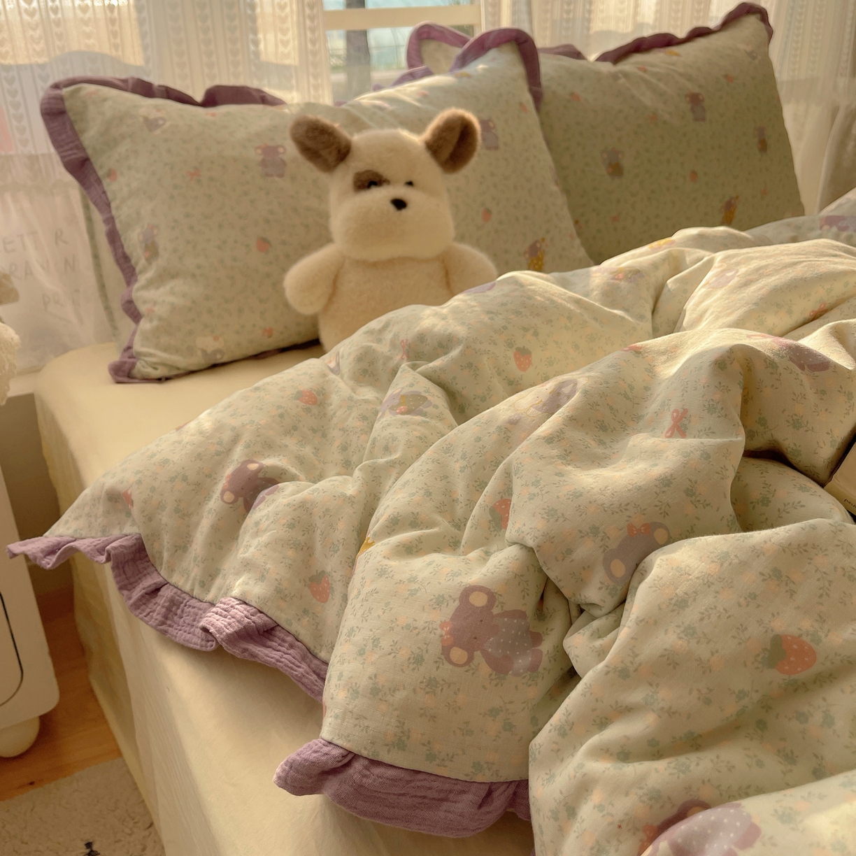 91家纺网 家纺一手货源 找家纺 （总）盼季家纺 2025新款亲肤棉皱皱纱花边四件套