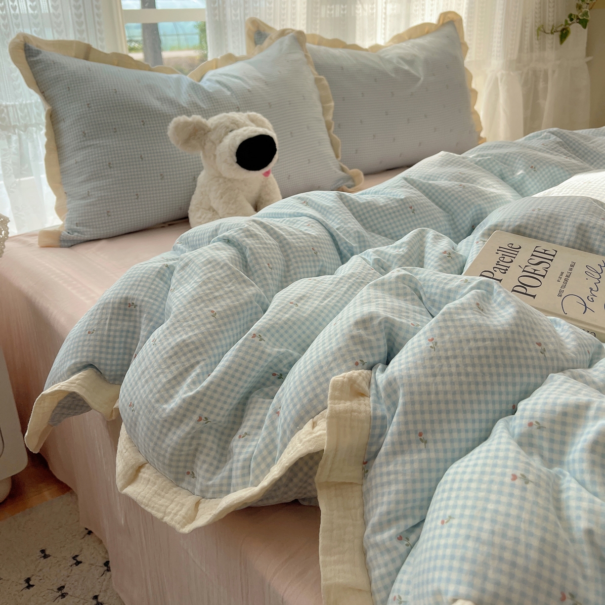 盼季家纺 2025新款亲肤棉皱皱纱花边四件套 皱皱纱花边-蓝格小花