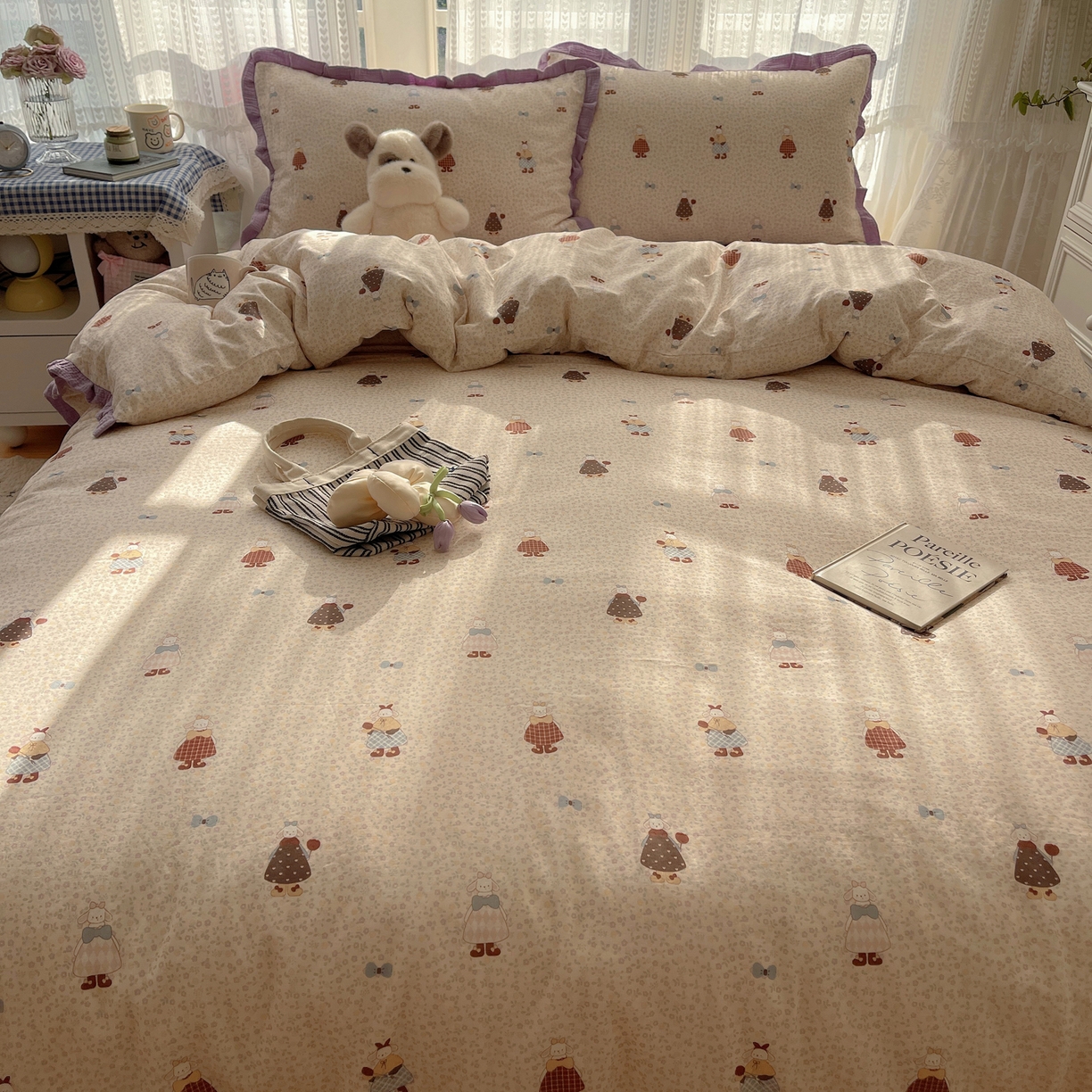 91家纺网 家纺一手货源 找家纺 盼季家纺 2025新款亲肤棉皱皱纱花边四件套 皱皱纱花边-碎花小兔