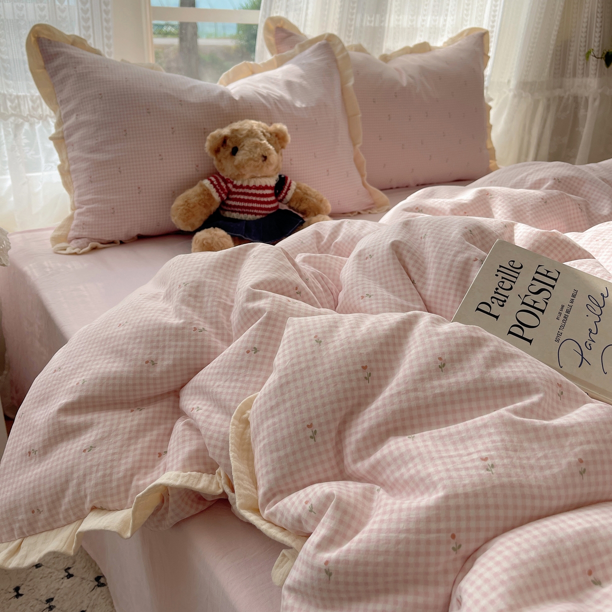 91家纺网 家纺一手货源 找家纺 （总）盼季家纺 2025新款亲肤棉皱皱纱花边四件套