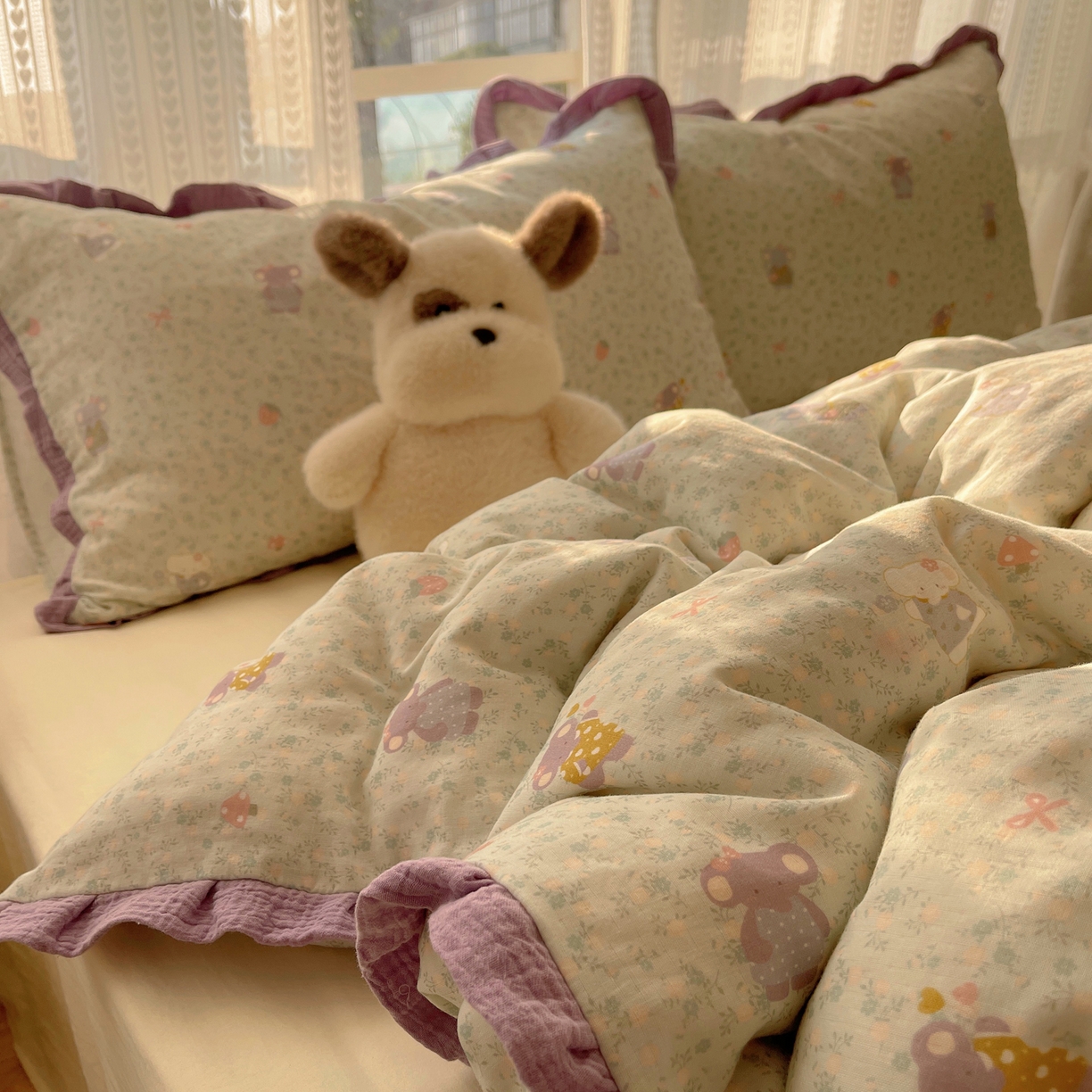 91家纺网 家纺一手货源 找家纺 盼季家纺 2025新款亲肤棉皱皱纱花边四件套 皱皱纱花边-可爱小象 -绿