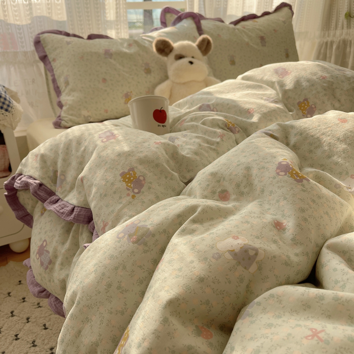 91家纺网 家纺一手货源 找家纺 盼季家纺 2025新款亲肤棉皱皱纱花边四件套 皱皱纱花边-可爱小象 -绿