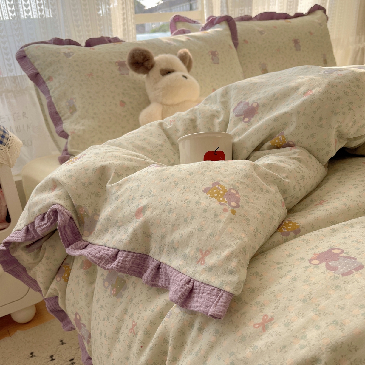 91家纺网 家纺一手货源 找家纺 盼季家纺 2025新款亲肤棉皱皱纱花边四件套 皱皱纱花边-可爱小象 -绿