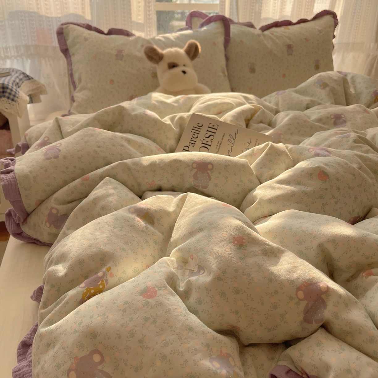 91家纺网 家纺一手货源 找家纺 盼季家纺 2025新款亲肤棉皱皱纱花边四件套 皱皱纱花边-可爱小象 -绿