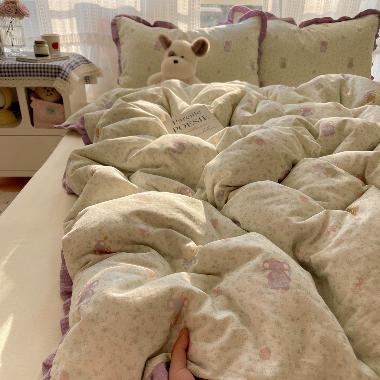 91家纺网 家纺一手货源 找家纺 盼季家纺 2025新款亲肤棉皱皱纱花边四件套 皱皱纱花边-可爱小象 -绿