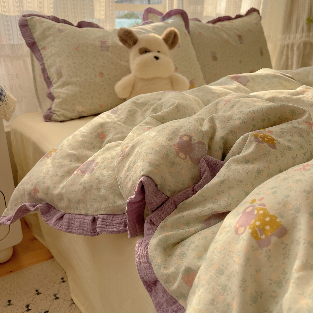 91家纺网 家纺一手货源 找家纺 盼季家纺 2025新款亲肤棉皱皱纱花边四件套 皱皱纱花边-可爱小象 -绿