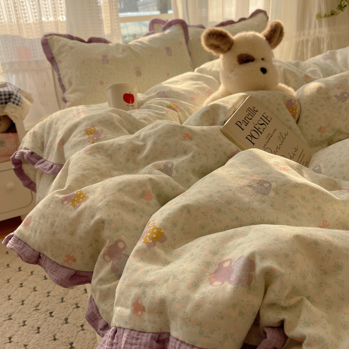 91家纺网 家纺一手货源 找家纺 盼季家纺 2025新款亲肤棉皱皱纱花边四件套 皱皱纱花边-可爱小象 -绿