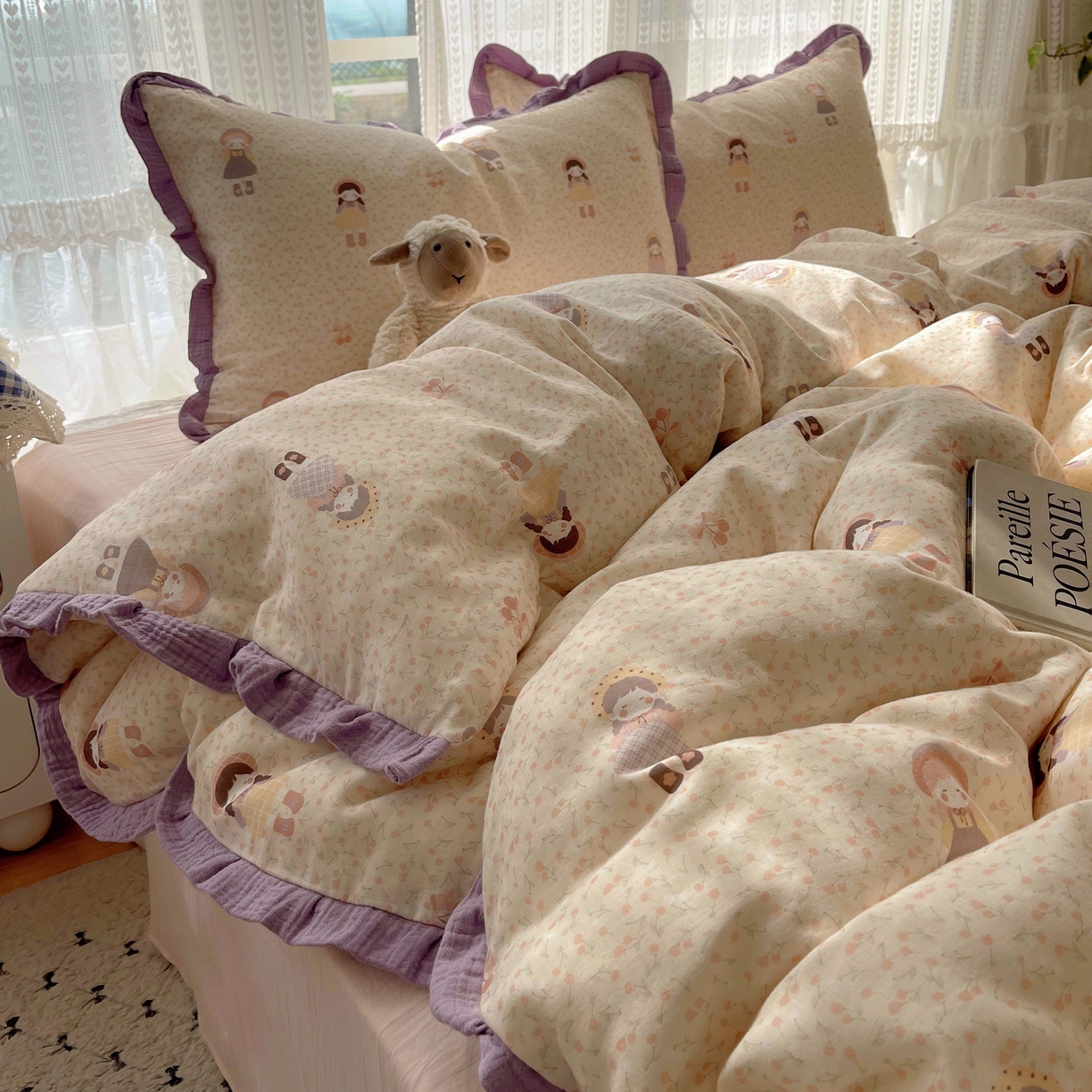 91家纺网 家纺一手货源 找家纺 （总）盼季家纺 2025新款亲肤棉皱皱纱花边四件套