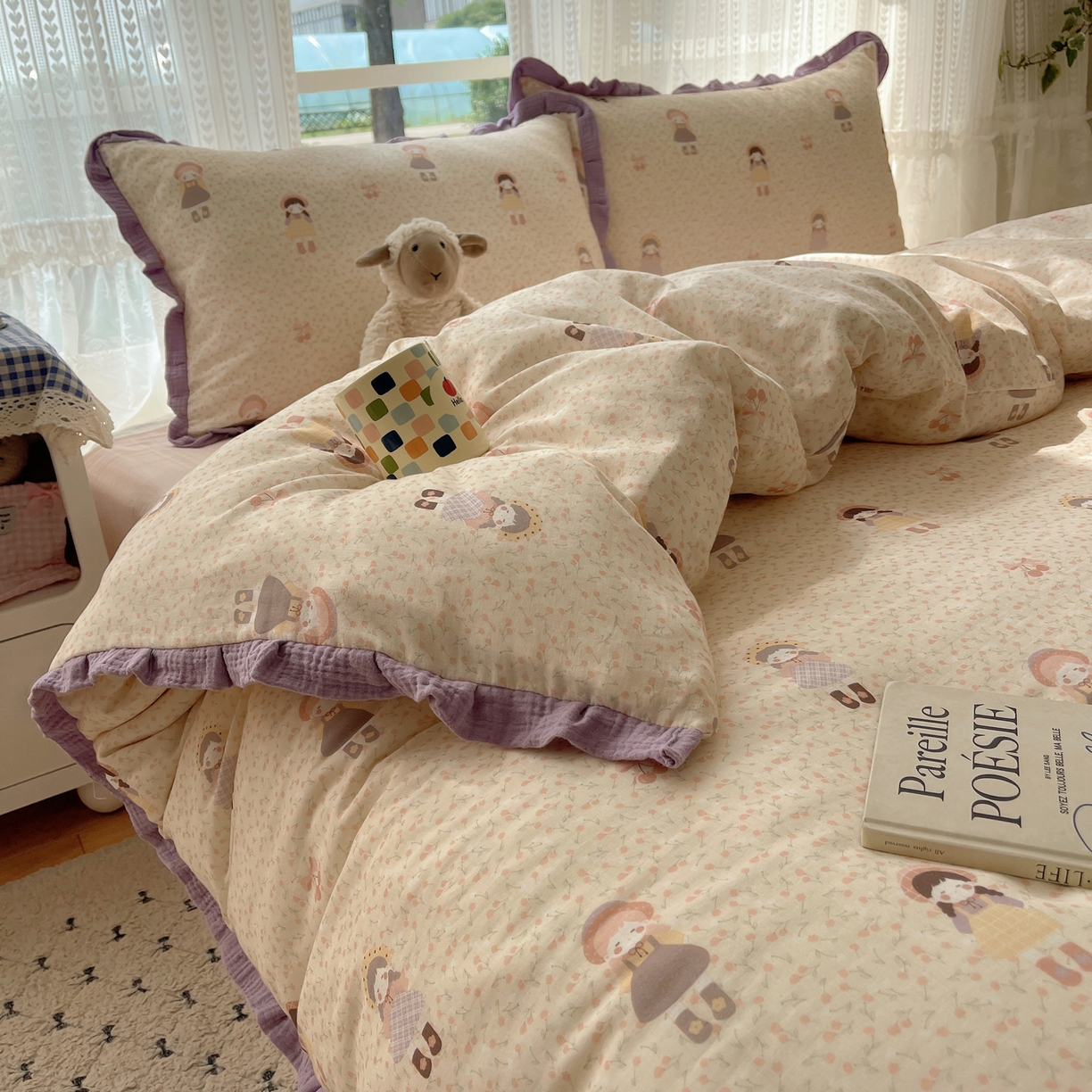 91家纺网 家纺一手货源 找家纺 盼季家纺 2025新款亲肤棉皱皱纱花边四件套 皱皱纱花边-小女孩【床单粉】