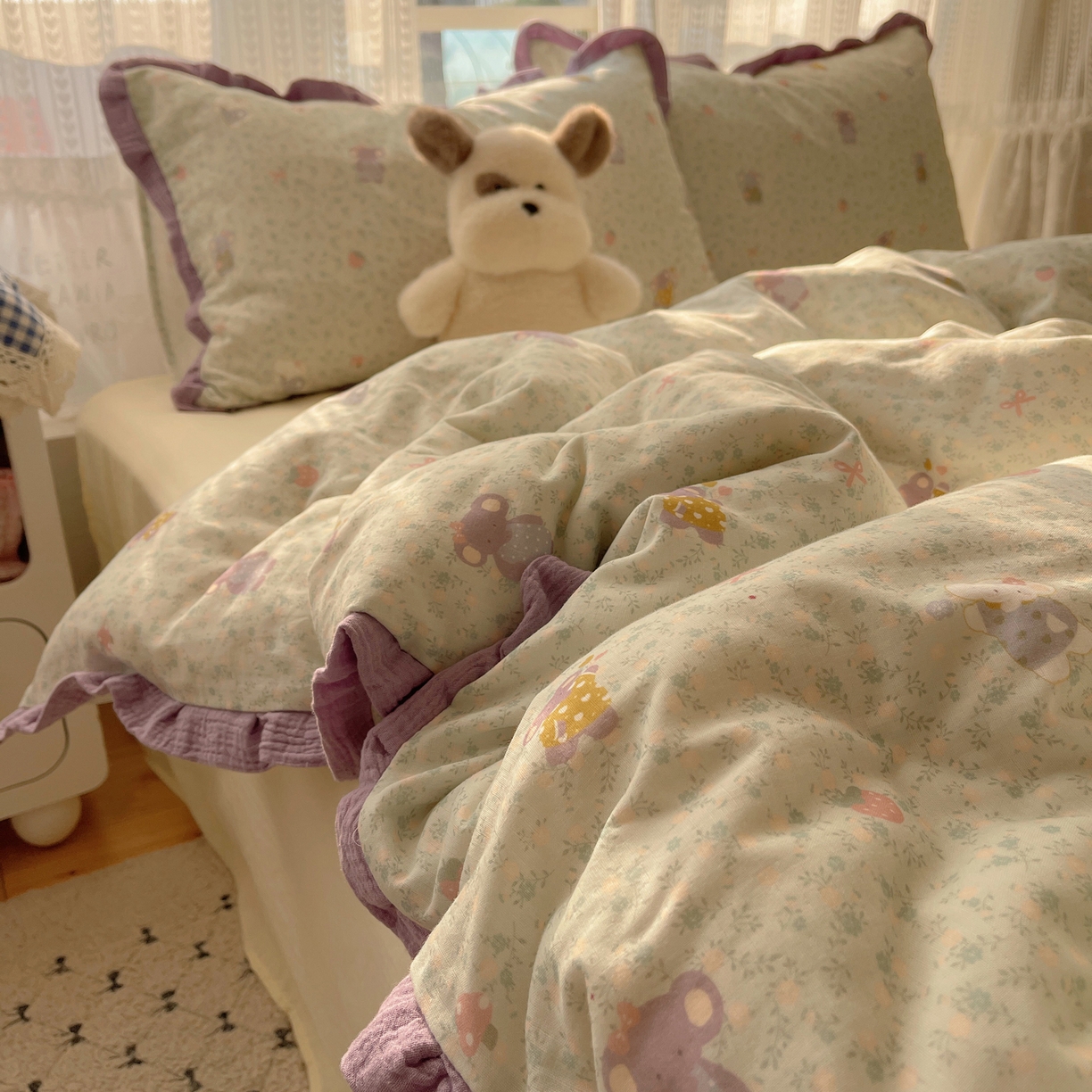 91家纺网 家纺一手货源 找家纺 盼季家纺 2025新款亲肤棉皱皱纱花边四件套 皱皱纱花边-可爱小象 -绿