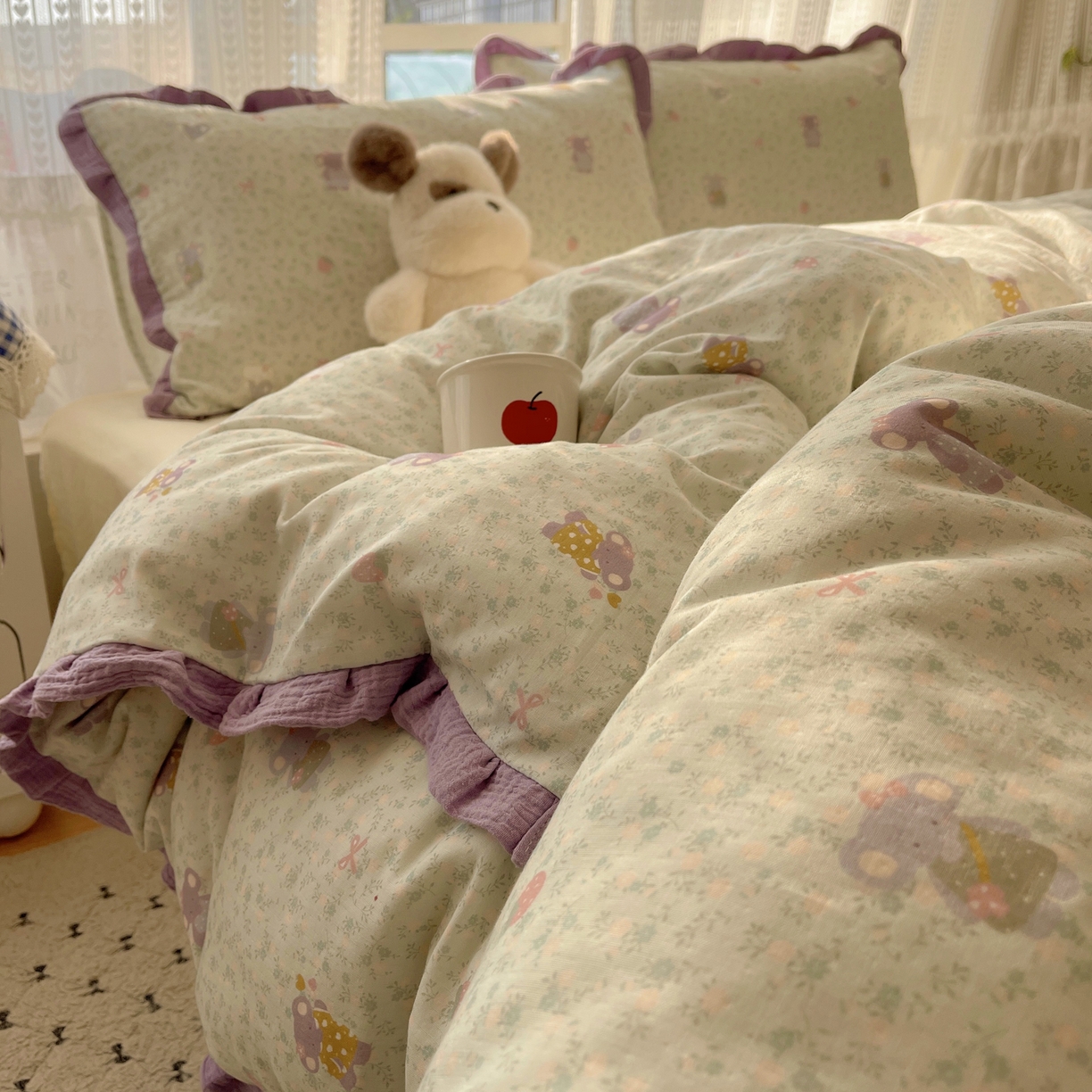 91家纺网 家纺一手货源 找家纺 盼季家纺 2025新款亲肤棉皱皱纱花边四件套 皱皱纱花边-可爱小象 -绿