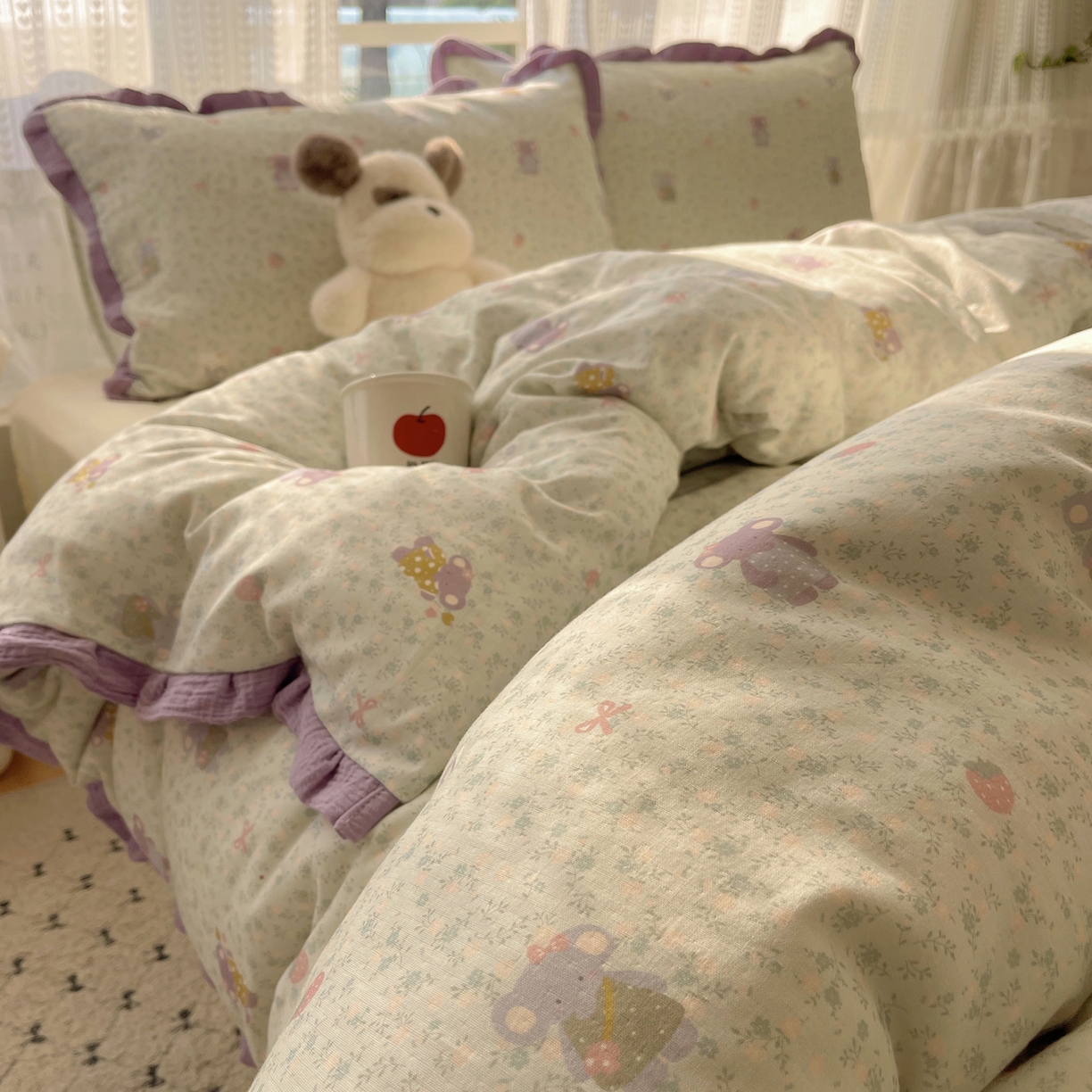 91家纺网 家纺一手货源 找家纺 盼季家纺 2025新款亲肤棉皱皱纱花边四件套 皱皱纱花边-可爱小象 -绿