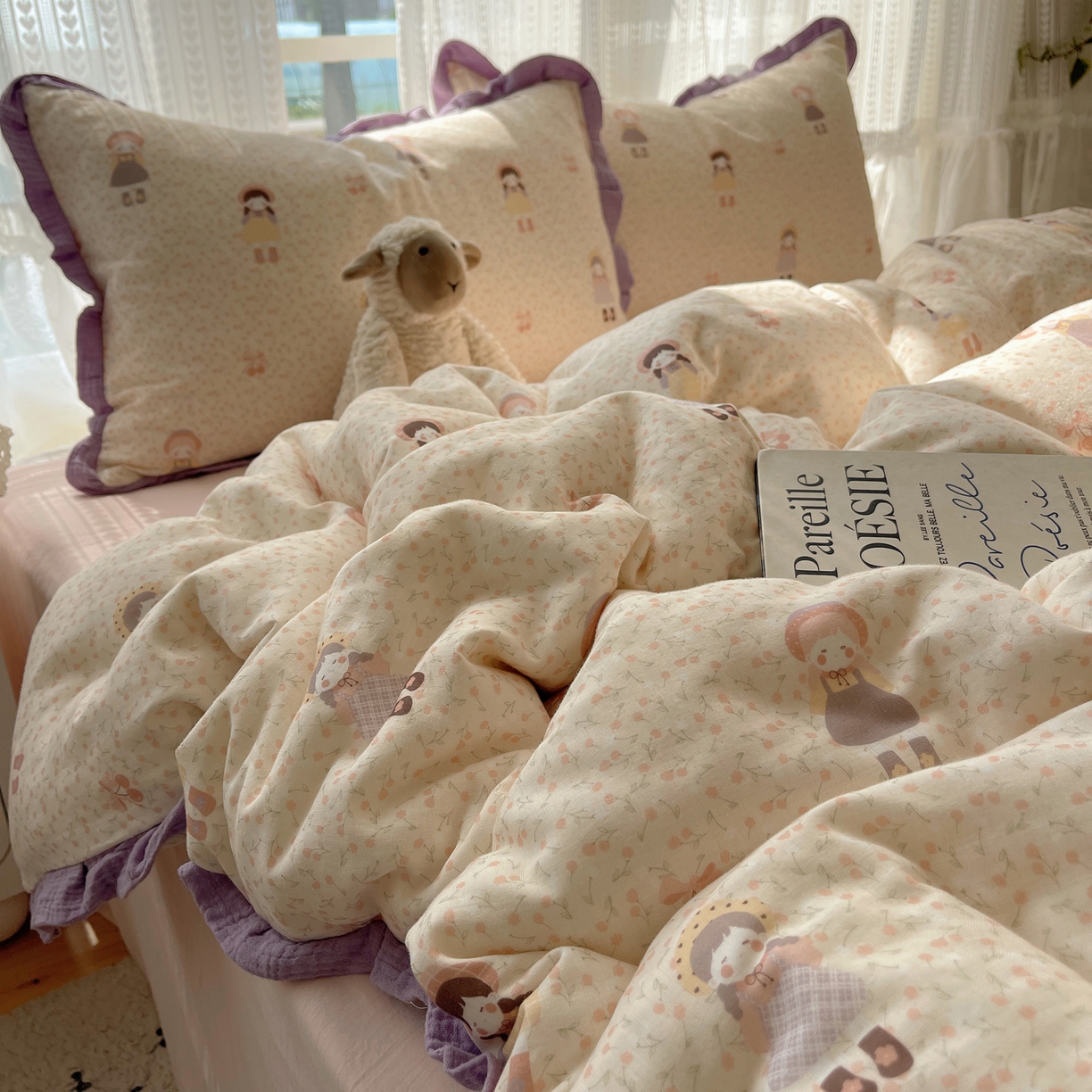 盼季家纺 2025新款亲肤棉皱皱纱花边四件套 皱皱纱花边-小女孩【床单粉】