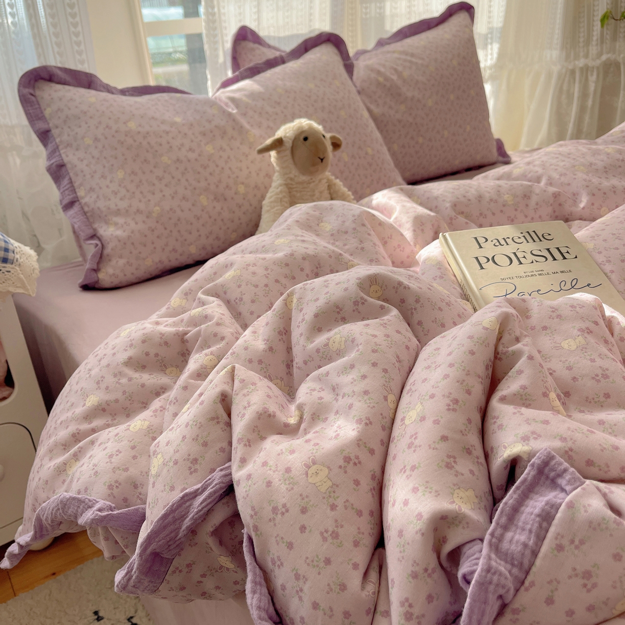 91家纺网 家纺一手货源 找家纺 （总）盼季家纺 2025新款亲肤棉皱皱纱花边四件套