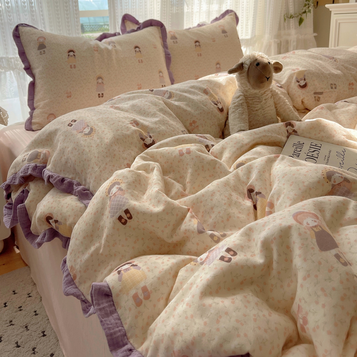 91家纺网 家纺一手货源 找家纺 盼季家纺 2025新款亲肤棉皱皱纱花边四件套 皱皱纱花边-小女孩【床单粉】