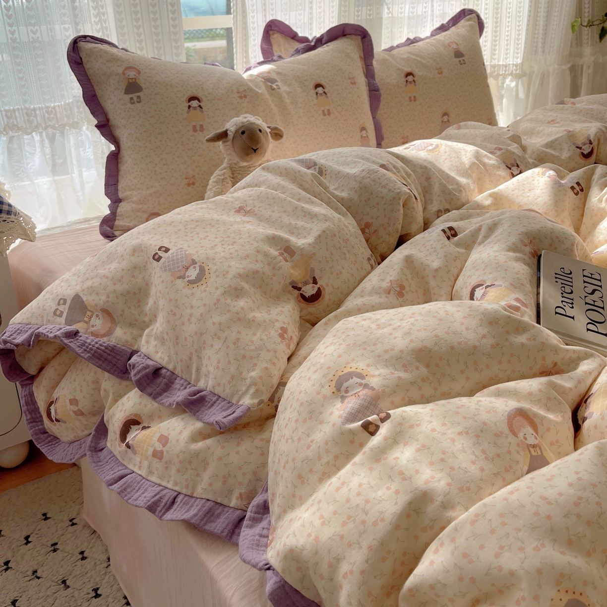 91家纺网 家纺一手货源 找家纺 盼季家纺 2025新款亲肤棉皱皱纱花边四件套 皱皱纱花边-小女孩【床单粉】