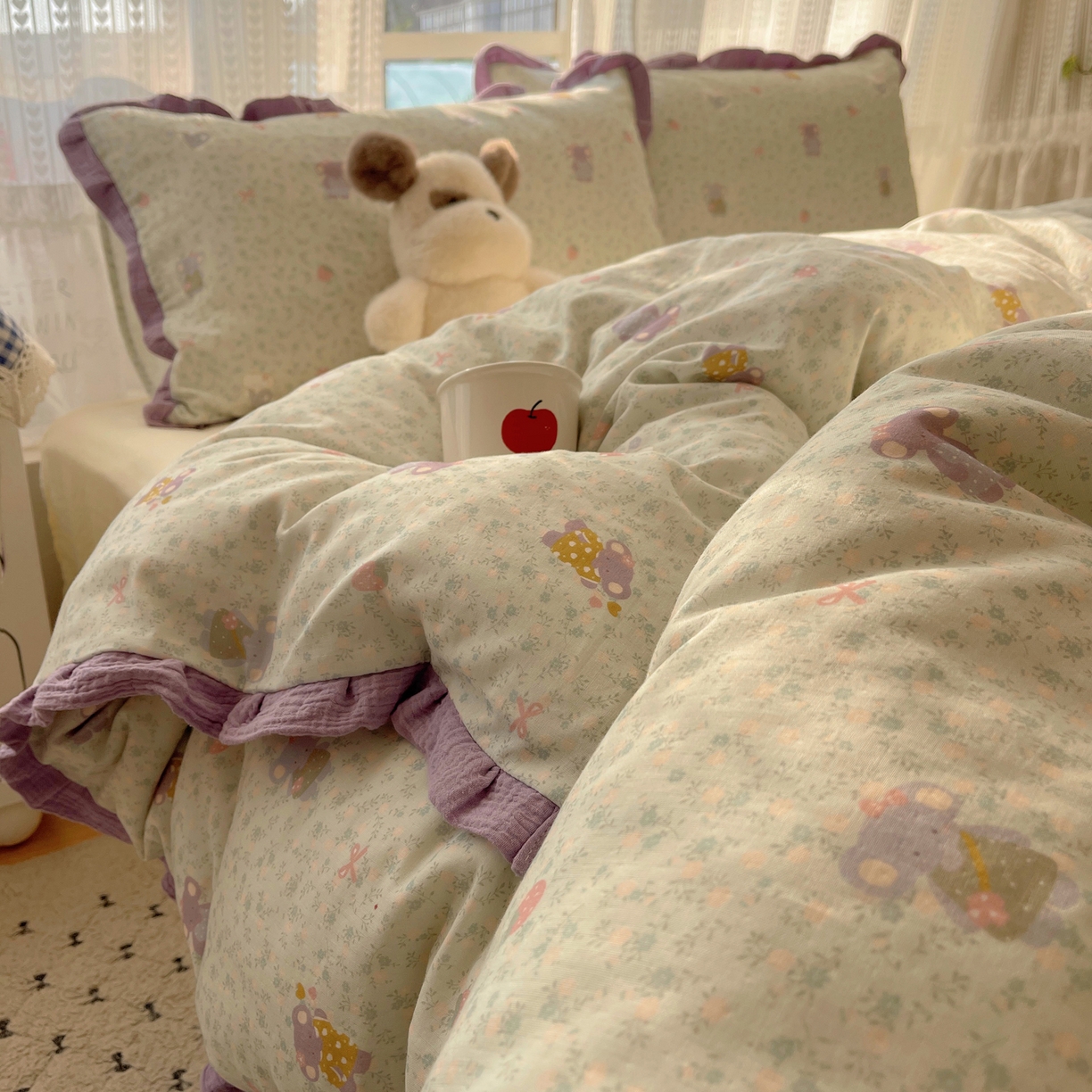 91家纺网 家纺一手货源 找家纺 盼季家纺 2025新款亲肤棉皱皱纱花边四件套 皱皱纱花边-可爱小象 -绿