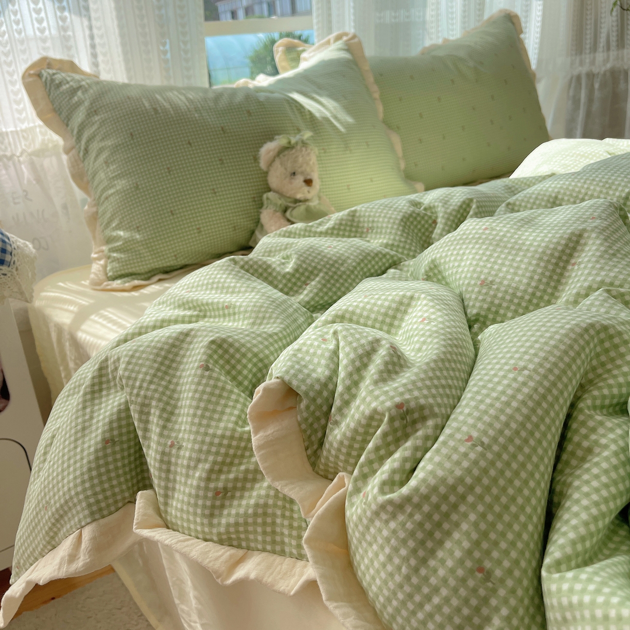 盼季家纺 2025新款亲肤棉皱皱纱花边四件套 皱皱纱花边-绿格小花