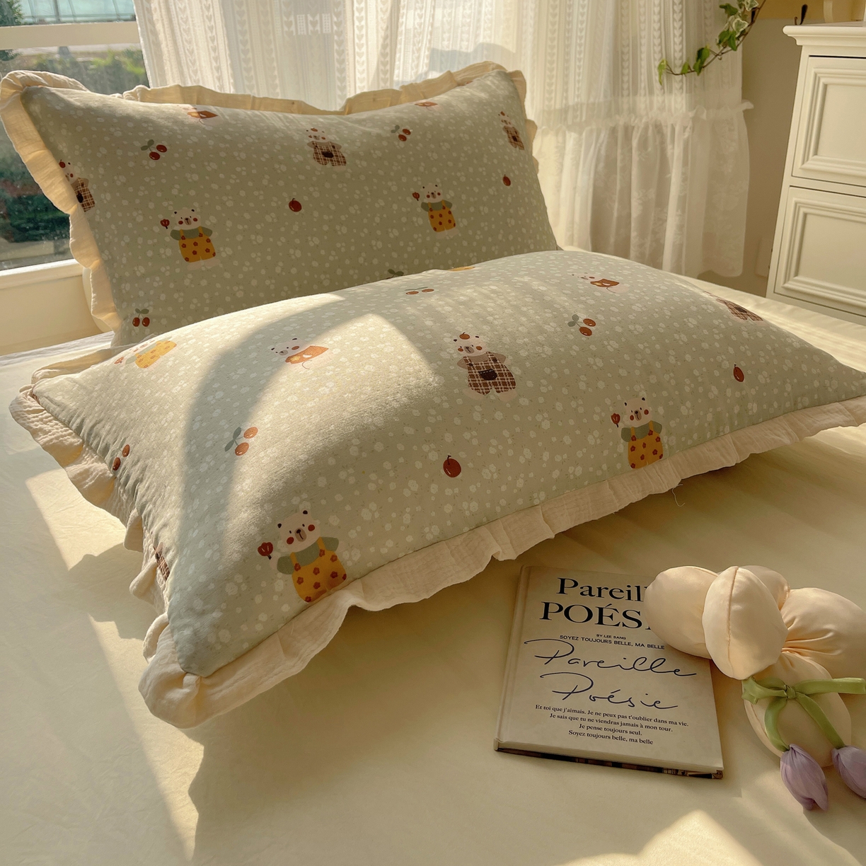 91家纺网 家纺一手货源 找家纺 盼季家纺 2025新款亲肤棉皱皱纱花边四件套 皱皱纱花边-欢喜萌宠