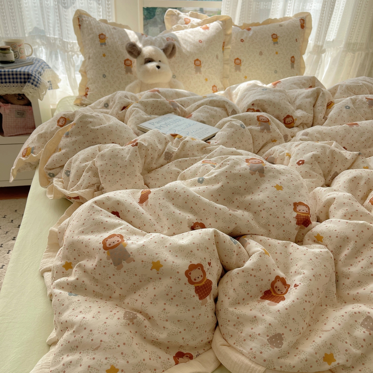 91家纺网 家纺一手货源 找家纺 盼季家纺 2025新款亲肤棉皱皱纱花边四件套 皱皱纱花边-小狮子