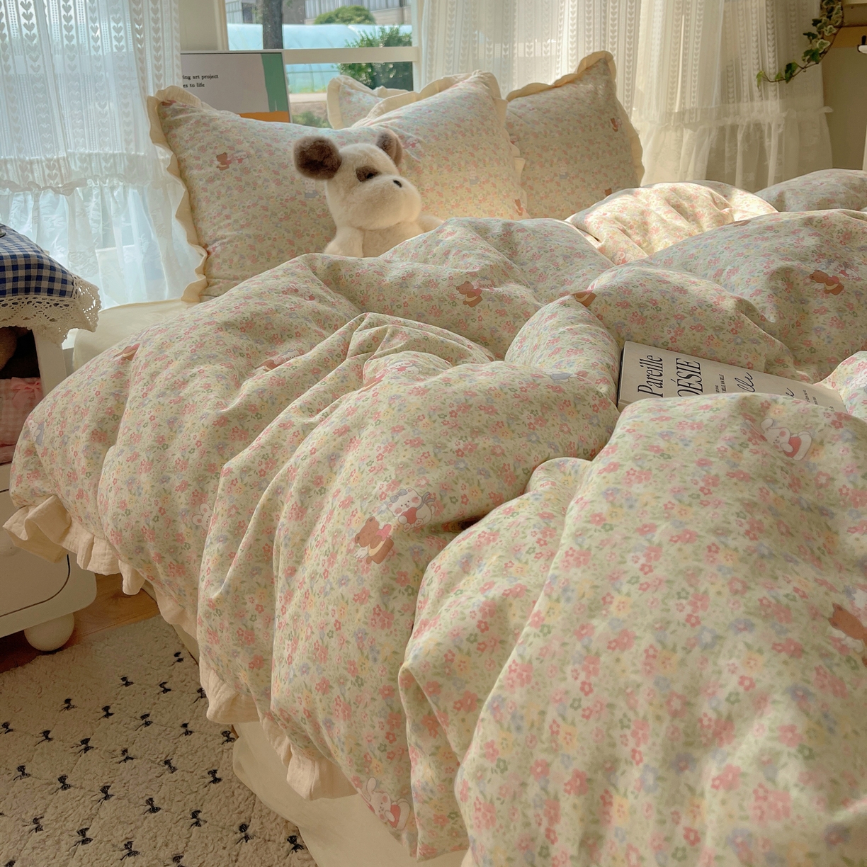 盼季家纺 2025新款亲肤棉皱皱纱花边四件套 皱皱纱花边-好朋友