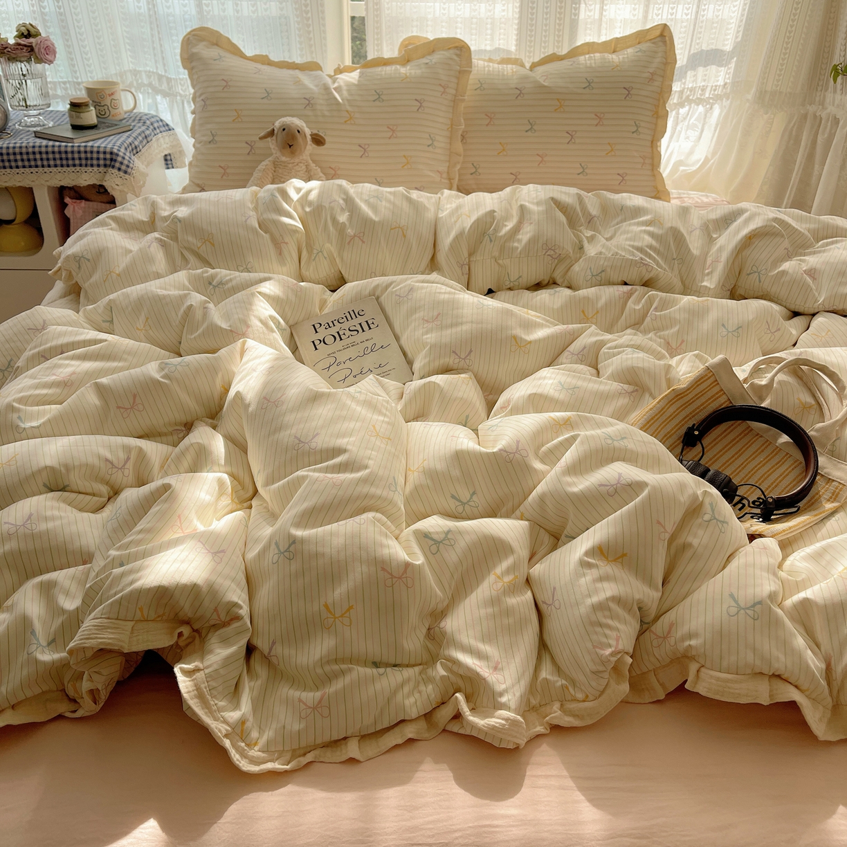 91家纺网 家纺一手货源 找家纺 盼季家纺 2025新款亲肤棉皱皱纱花边四件套 皱皱纱花边-蝴蝶结