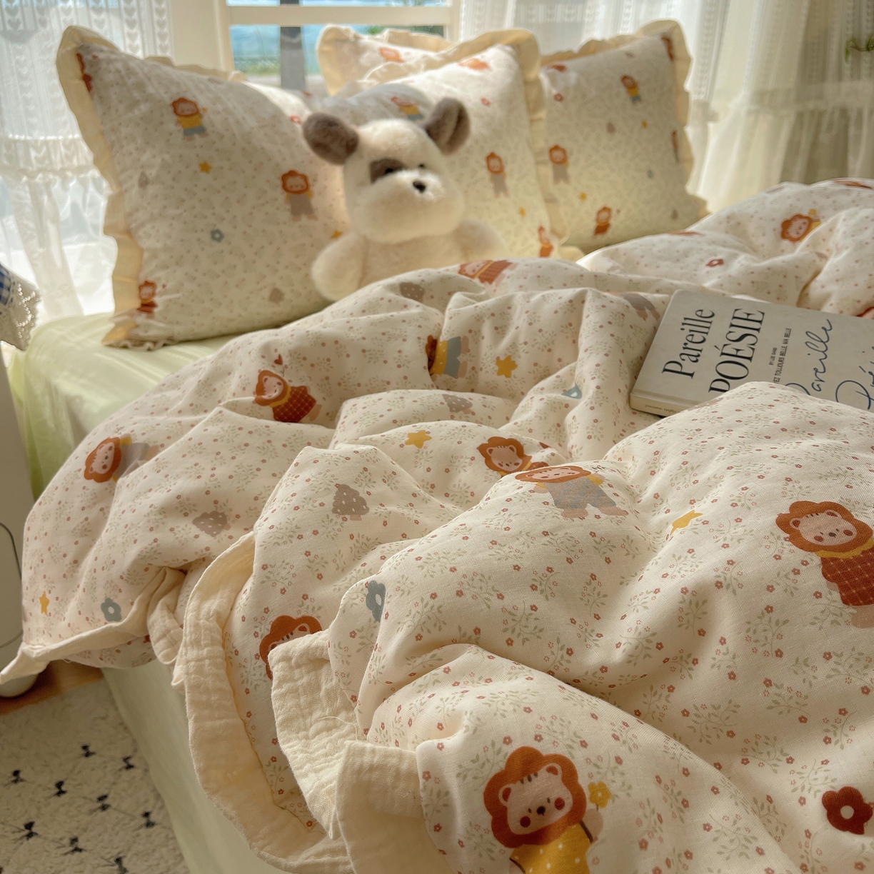 盼季家纺 2025新款亲肤棉皱皱纱花边四件套 皱皱纱花边-小狮子