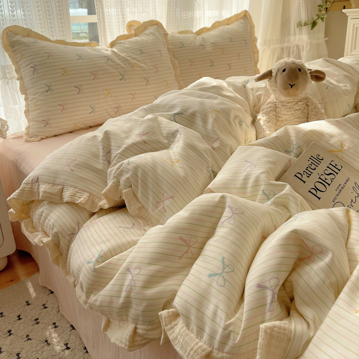 91家纺网 家纺一手货源 找家纺 盼季家纺 2025新款亲肤棉皱皱纱花边四件套 皱皱纱花边-蝴蝶结