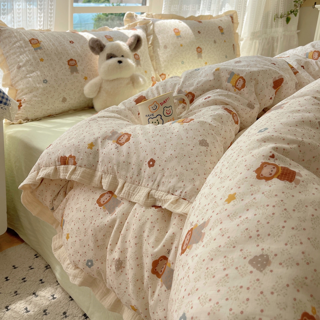 91家纺网 家纺一手货源 找家纺 盼季家纺 2025新款亲肤棉皱皱纱花边四件套 皱皱纱花边-小狮子