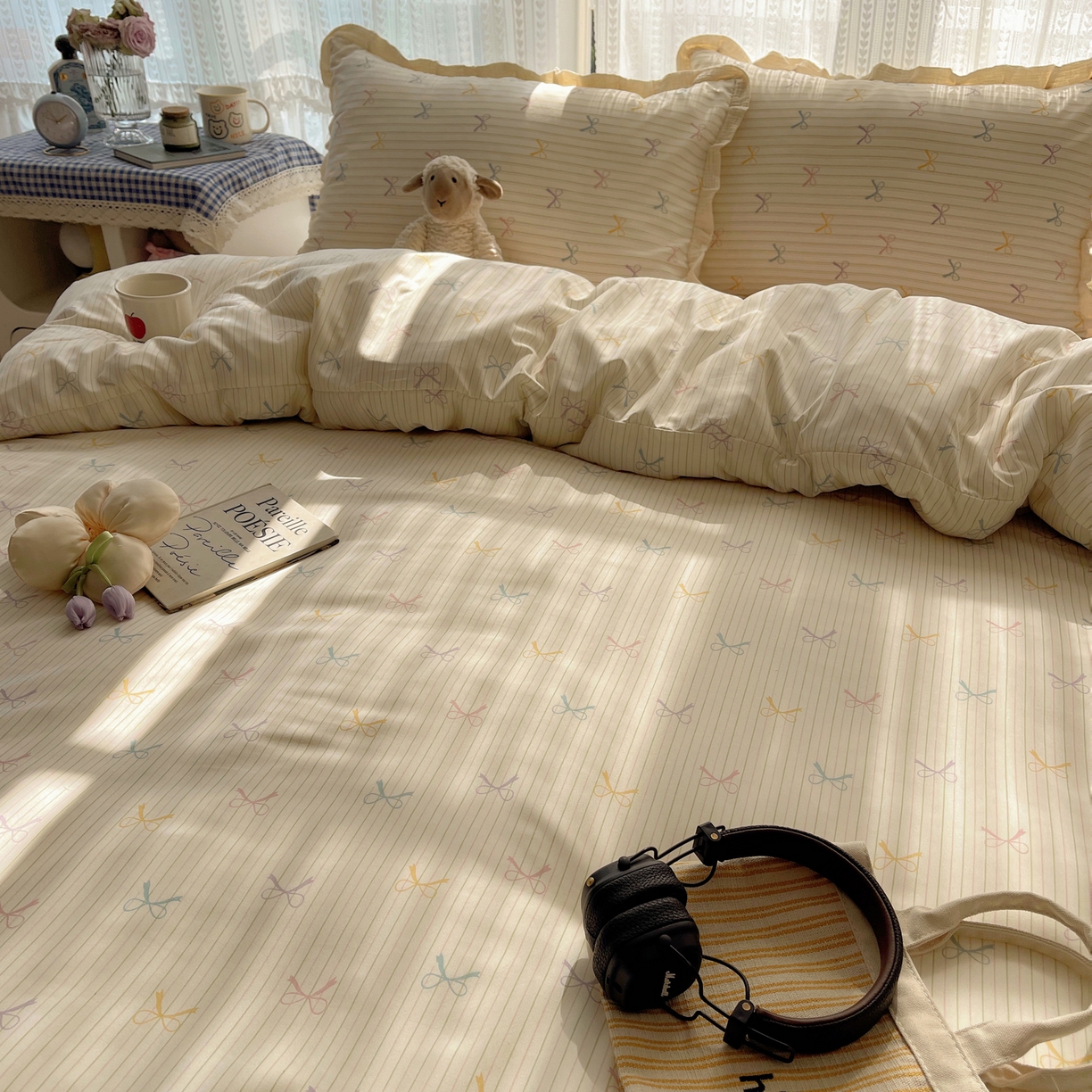 91家纺网 家纺一手货源 找家纺 盼季家纺 2025新款亲肤棉皱皱纱花边四件套 皱皱纱花边-蝴蝶结