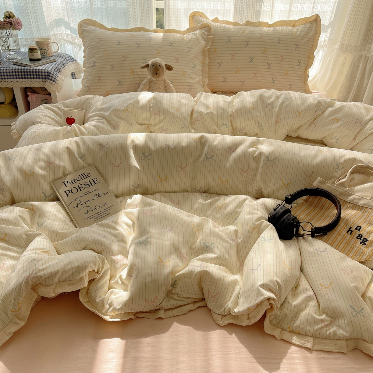 91家纺网 家纺一手货源 找家纺 盼季家纺 2025新款亲肤棉皱皱纱花边四件套 皱皱纱花边-蝴蝶结