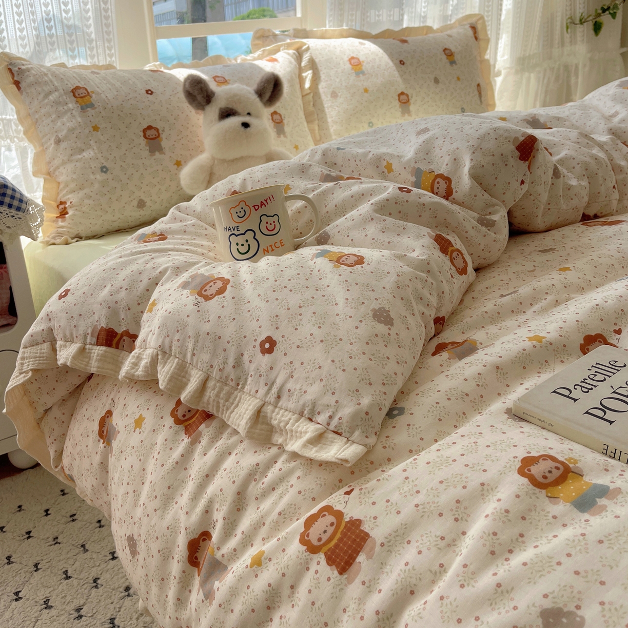 91家纺网 家纺一手货源 找家纺 盼季家纺 2025新款亲肤棉皱皱纱花边四件套 皱皱纱花边-小狮子