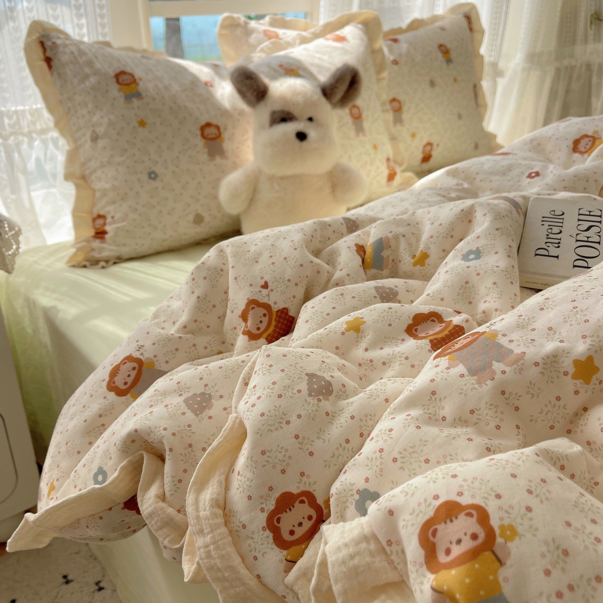 91家纺网 家纺一手货源 找家纺 盼季家纺 2025新款亲肤棉皱皱纱花边四件套 皱皱纱花边-小狮子