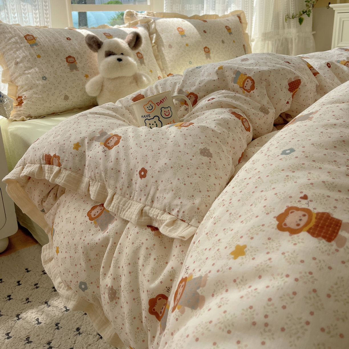 91家纺网 家纺一手货源 找家纺 盼季家纺 2025新款亲肤棉皱皱纱花边四件套 皱皱纱花边-小狮子