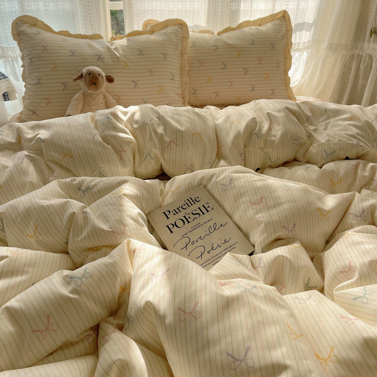 91家纺网 家纺一手货源 找家纺 盼季家纺 2025新款亲肤棉皱皱纱花边四件套 皱皱纱花边-蝴蝶结