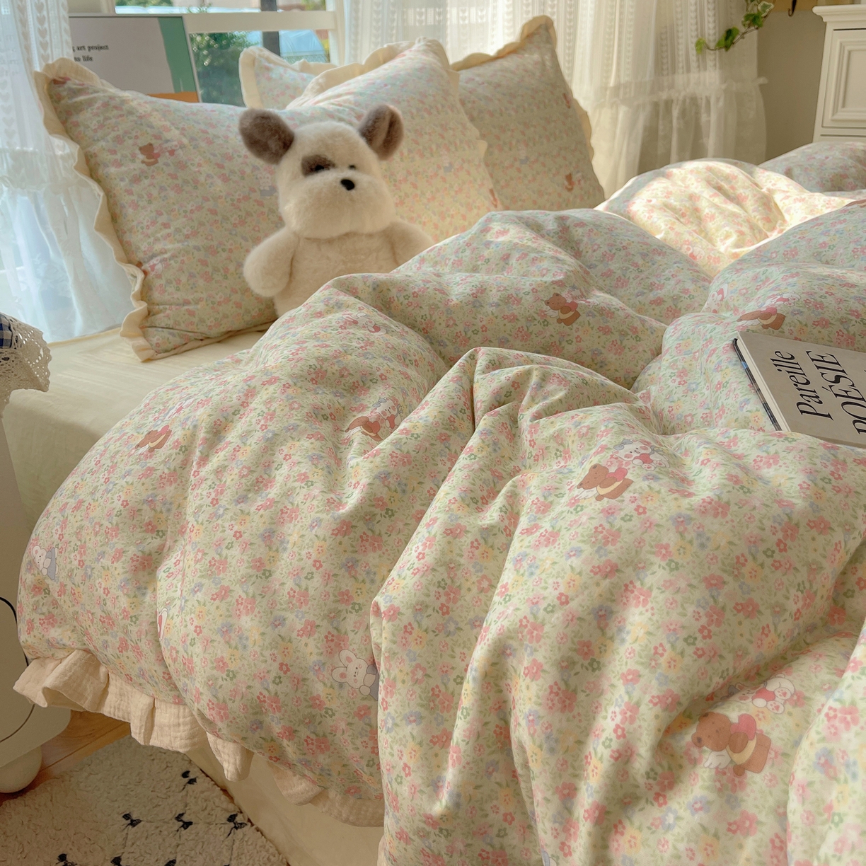 91家纺网 家纺一手货源 找家纺 盼季家纺 2025新款亲肤棉皱皱纱花边四件套 皱皱纱花边-好朋友