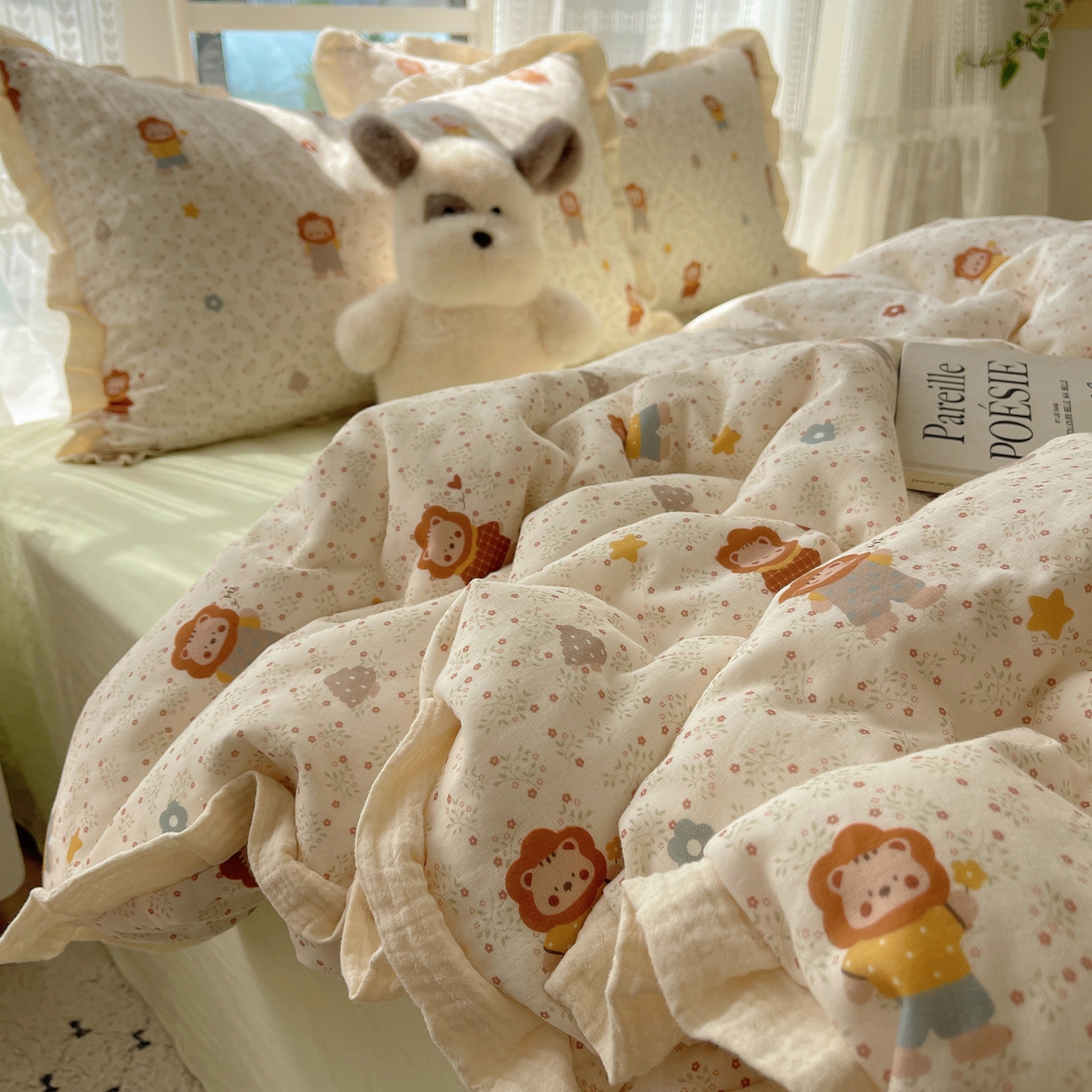 91家纺网 家纺一手货源 找家纺 盼季家纺 2025新款亲肤棉皱皱纱花边四件套 皱皱纱花边-小狮子