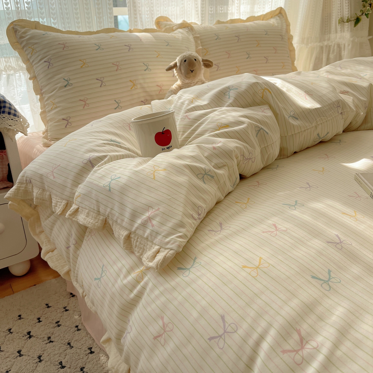 91家纺网 家纺一手货源 找家纺 盼季家纺 2025新款亲肤棉皱皱纱花边四件套 皱皱纱花边-蝴蝶结