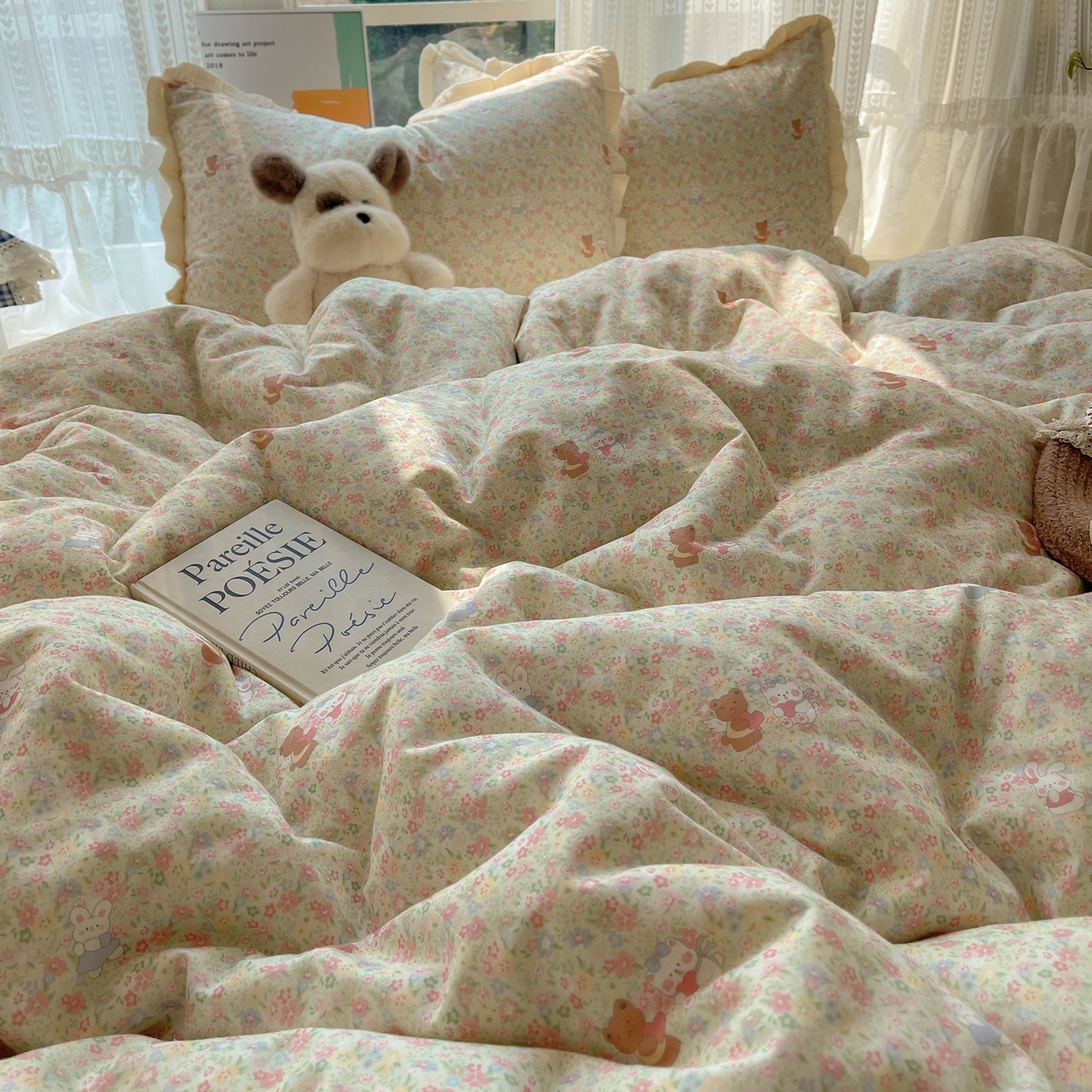 91家纺网 家纺一手货源 找家纺 盼季家纺 2025新款亲肤棉皱皱纱花边四件套 皱皱纱花边-好朋友