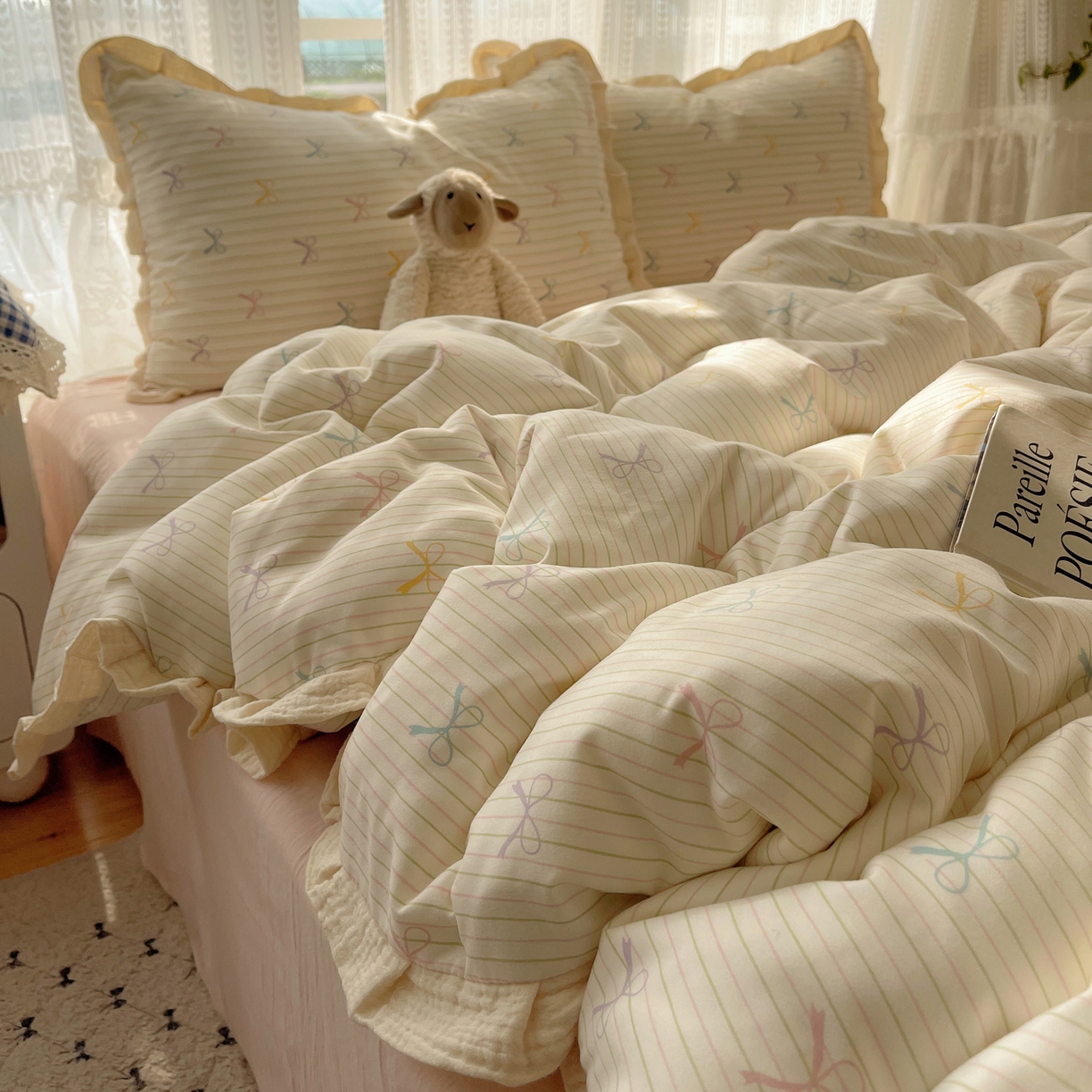 91家纺网 家纺一手货源 找家纺 盼季家纺 2025新款亲肤棉皱皱纱花边四件套 皱皱纱花边-蝴蝶结