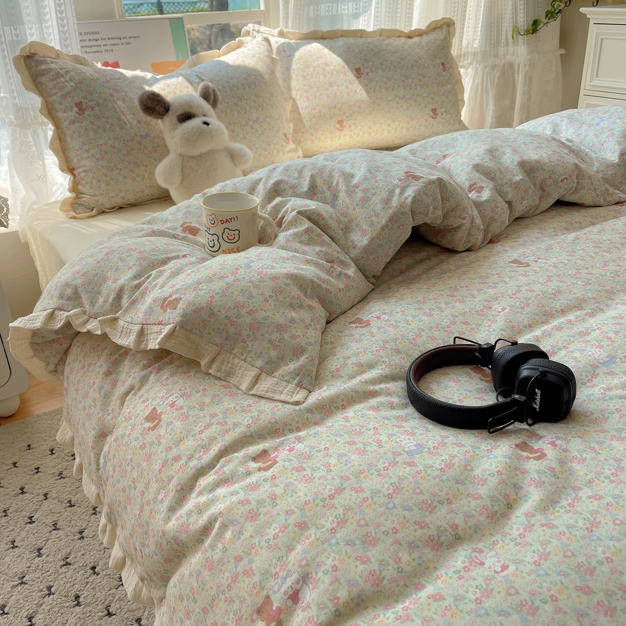 91家纺网 家纺一手货源 找家纺 盼季家纺 2025新款亲肤棉皱皱纱花边四件套 皱皱纱花边-好朋友