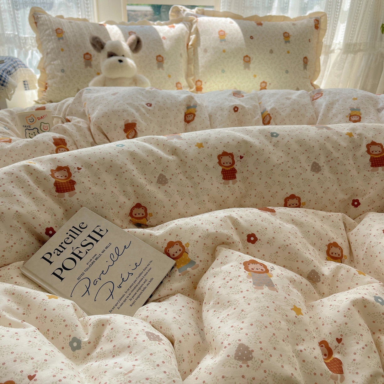 91家纺网 家纺一手货源 找家纺 盼季家纺 2025新款亲肤棉皱皱纱花边四件套 皱皱纱花边-小狮子