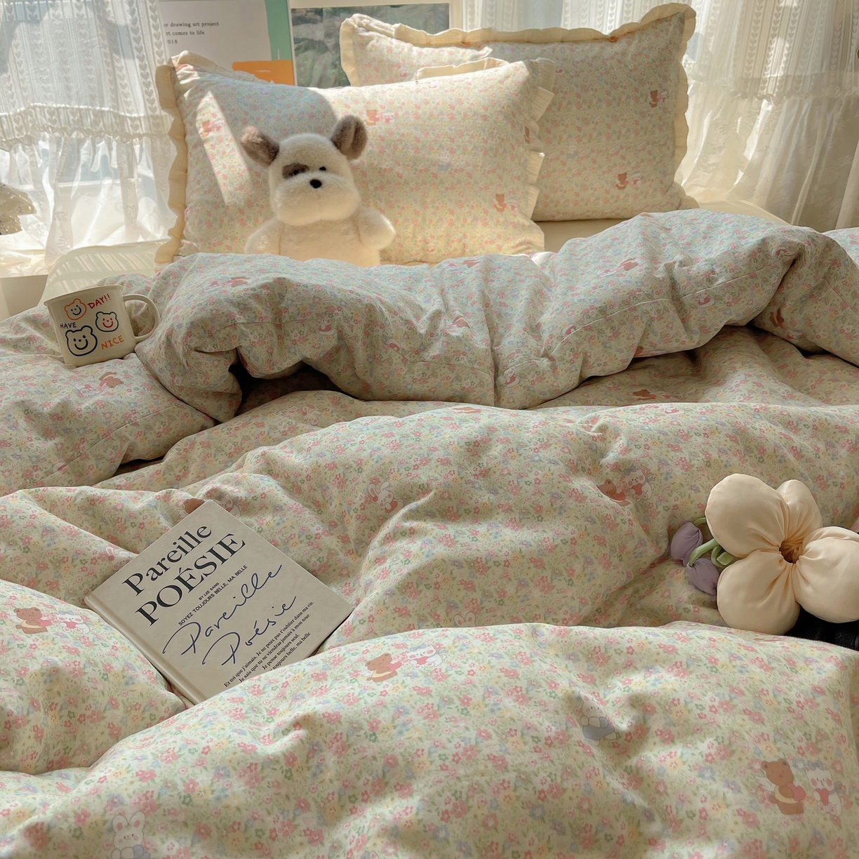 91家纺网 家纺一手货源 找家纺 盼季家纺 2025新款亲肤棉皱皱纱花边四件套 皱皱纱花边-好朋友